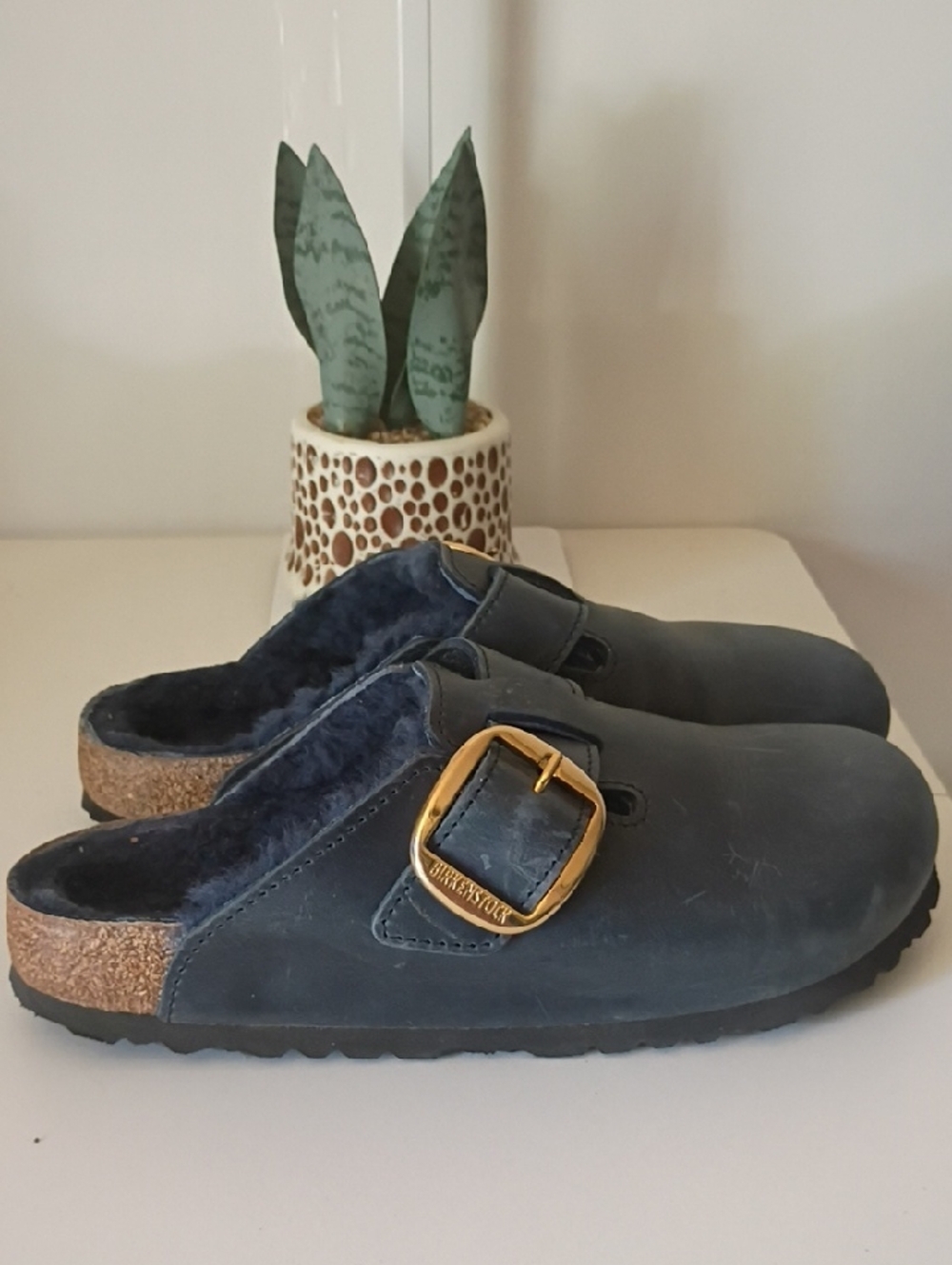 Birkenstock Navy Shearling-Lined Slip-On Clogs with Gold Buckle size 38